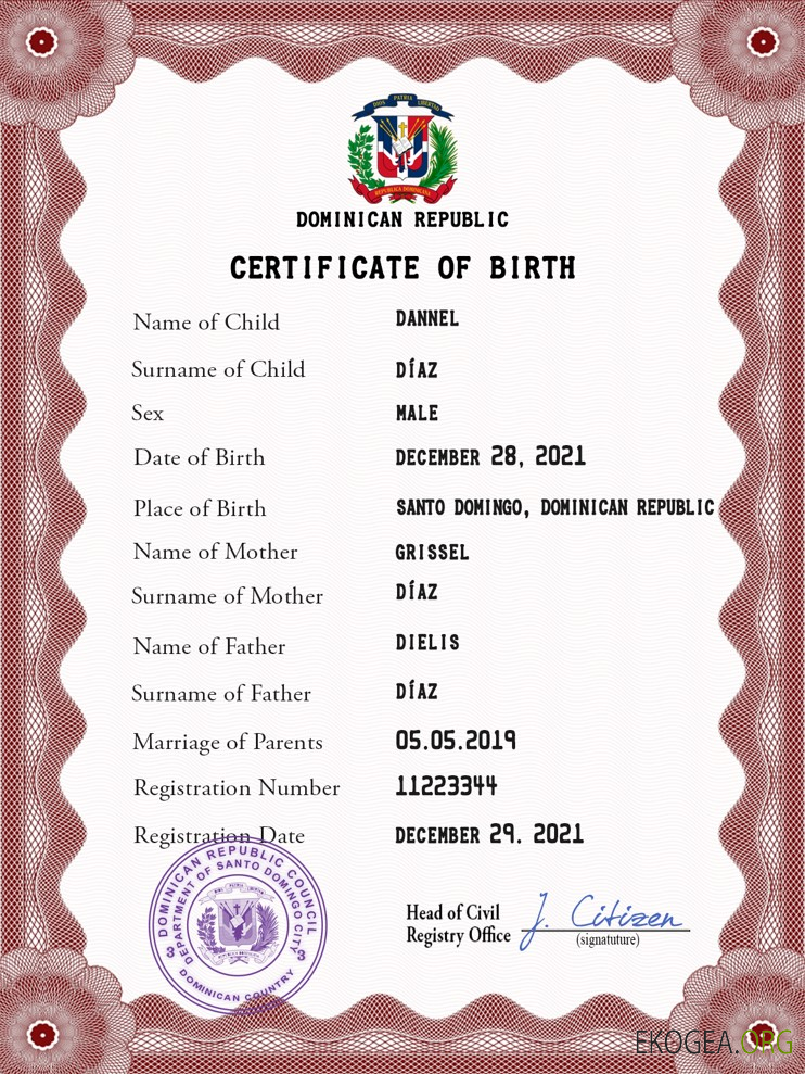 Acte d'état civil de la République dominicaine, acte de naissance PSD